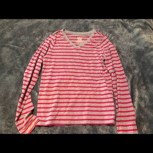 pink and grey striped long sleeved t-shirt